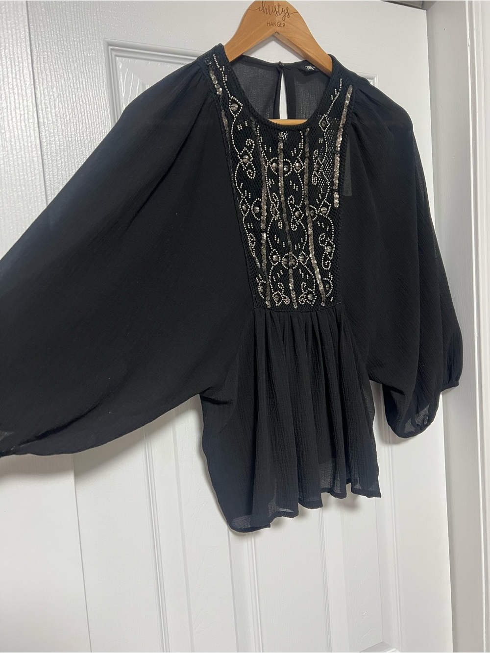 ZARA Black Beaded Sequin Embroidered Batwing Blouse NWT S - Picture 4 of 6